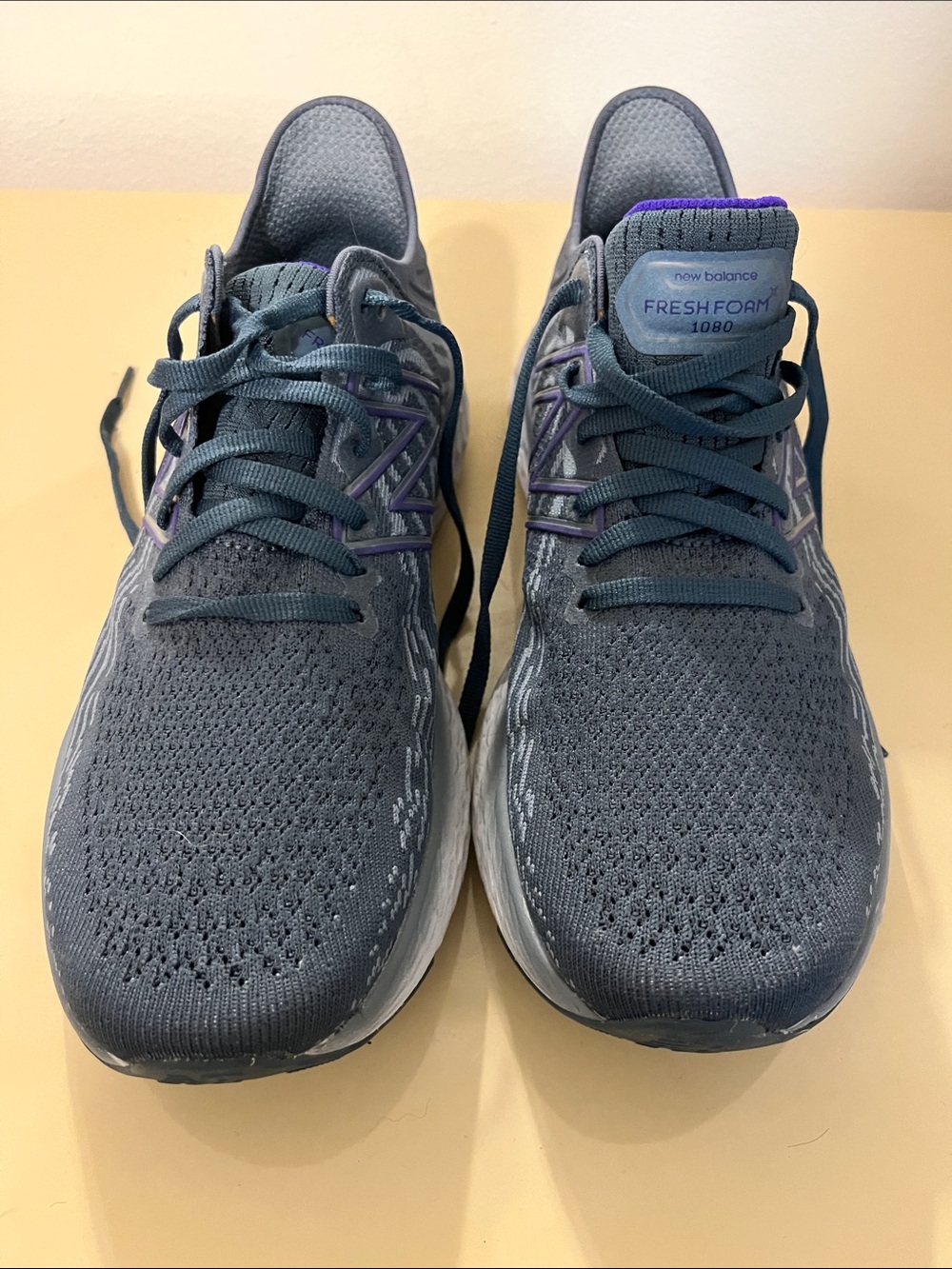 New Balance Fresh Foam Grey Knit Running Shoes with Purple Accents